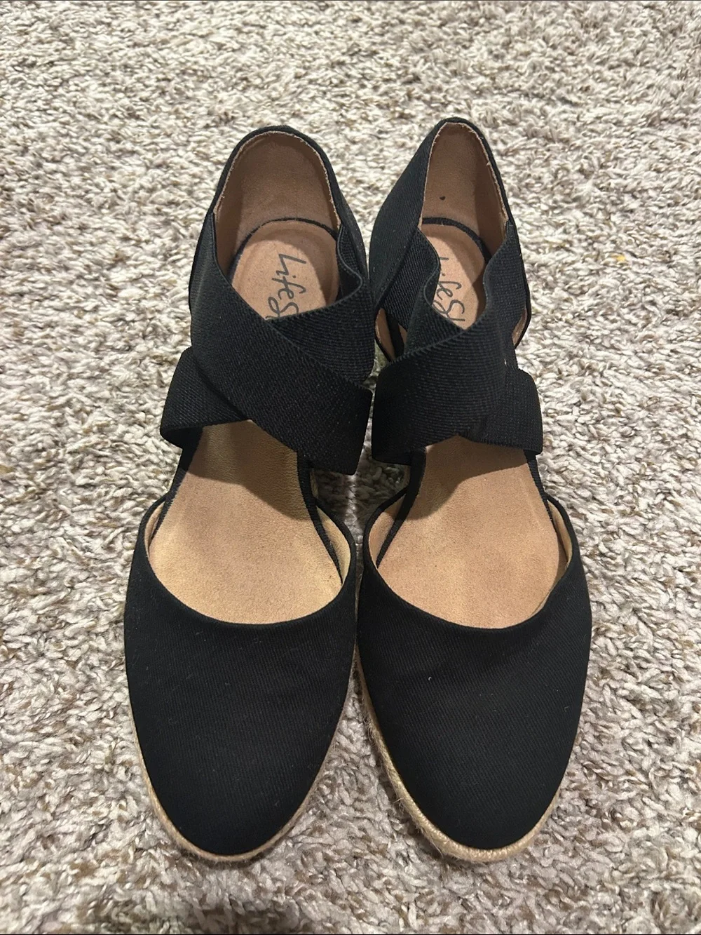 Life Stride Black Espadrille Wedge Sandals with Crisscross Elastic Straps
